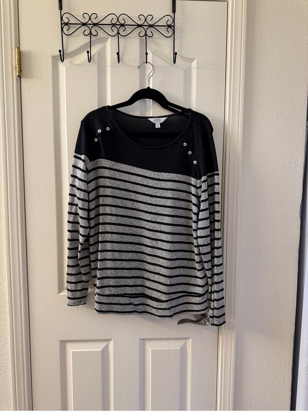Market & Spruce Black and Gray Striped Boatneck Long Sleeve with Snap Accents